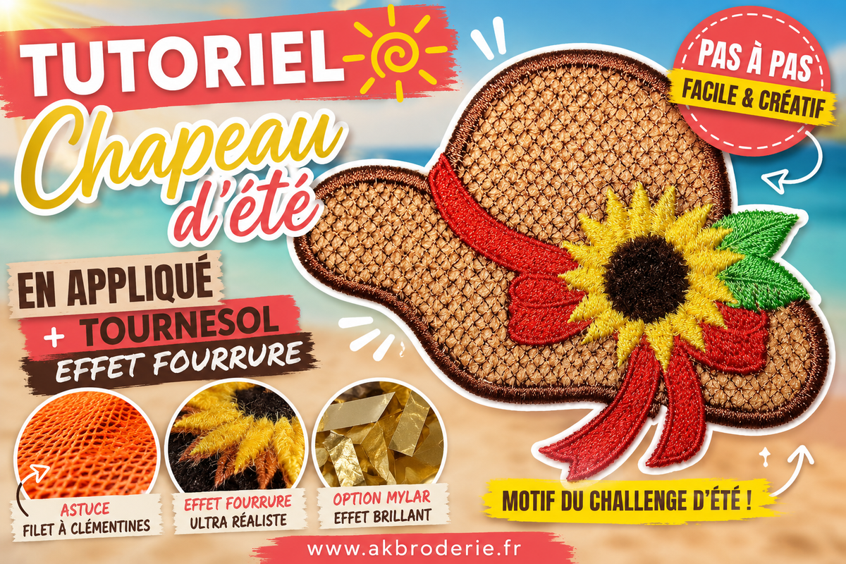 🌻 Tutoriel Broderie Machine : Chapeau d'été en appliqué & Tournesol effet fourrure ☀️