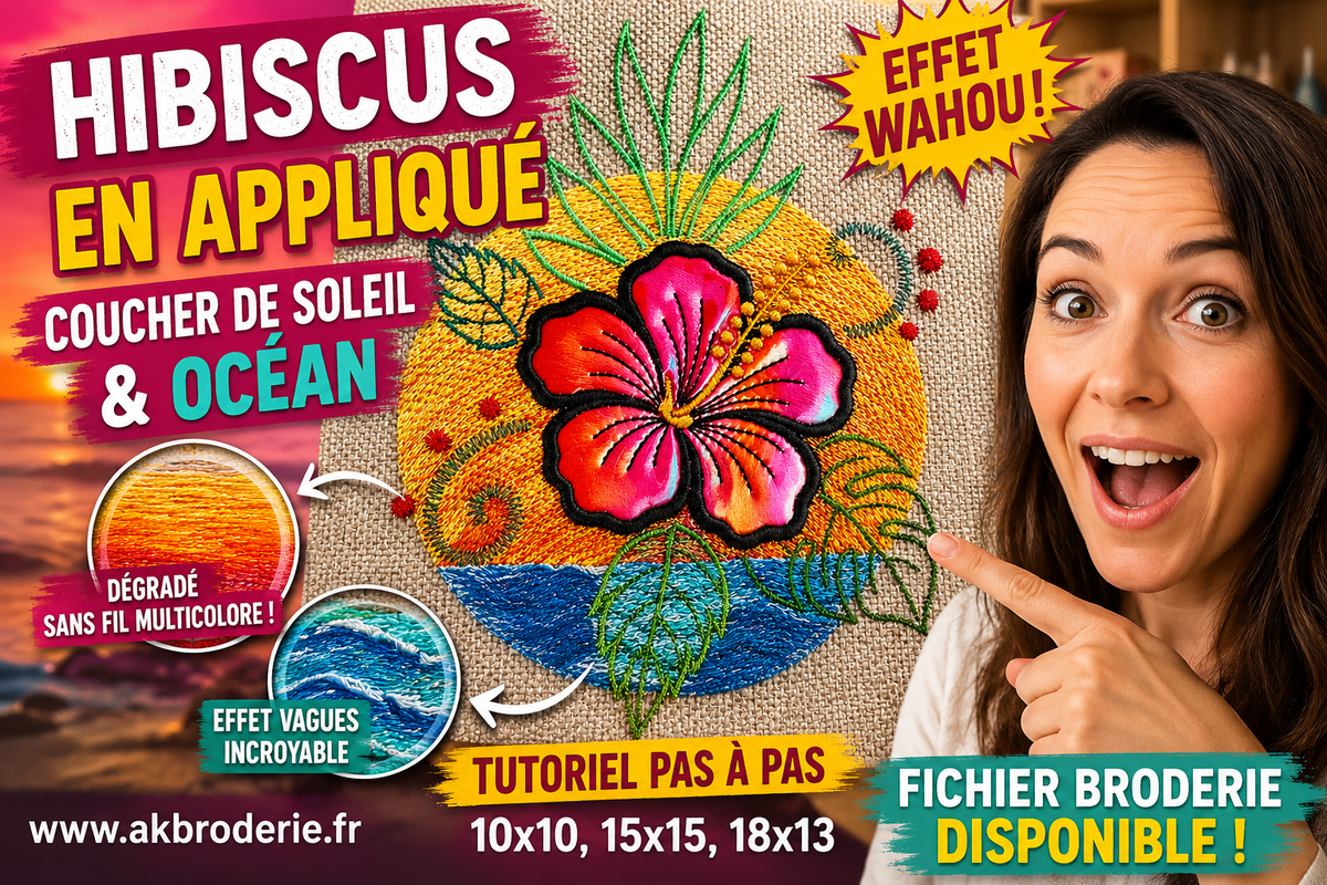 Motif de broderie machine Hibiscus en appliqué avec coucher de soleil dégradé et océan effet vagues.