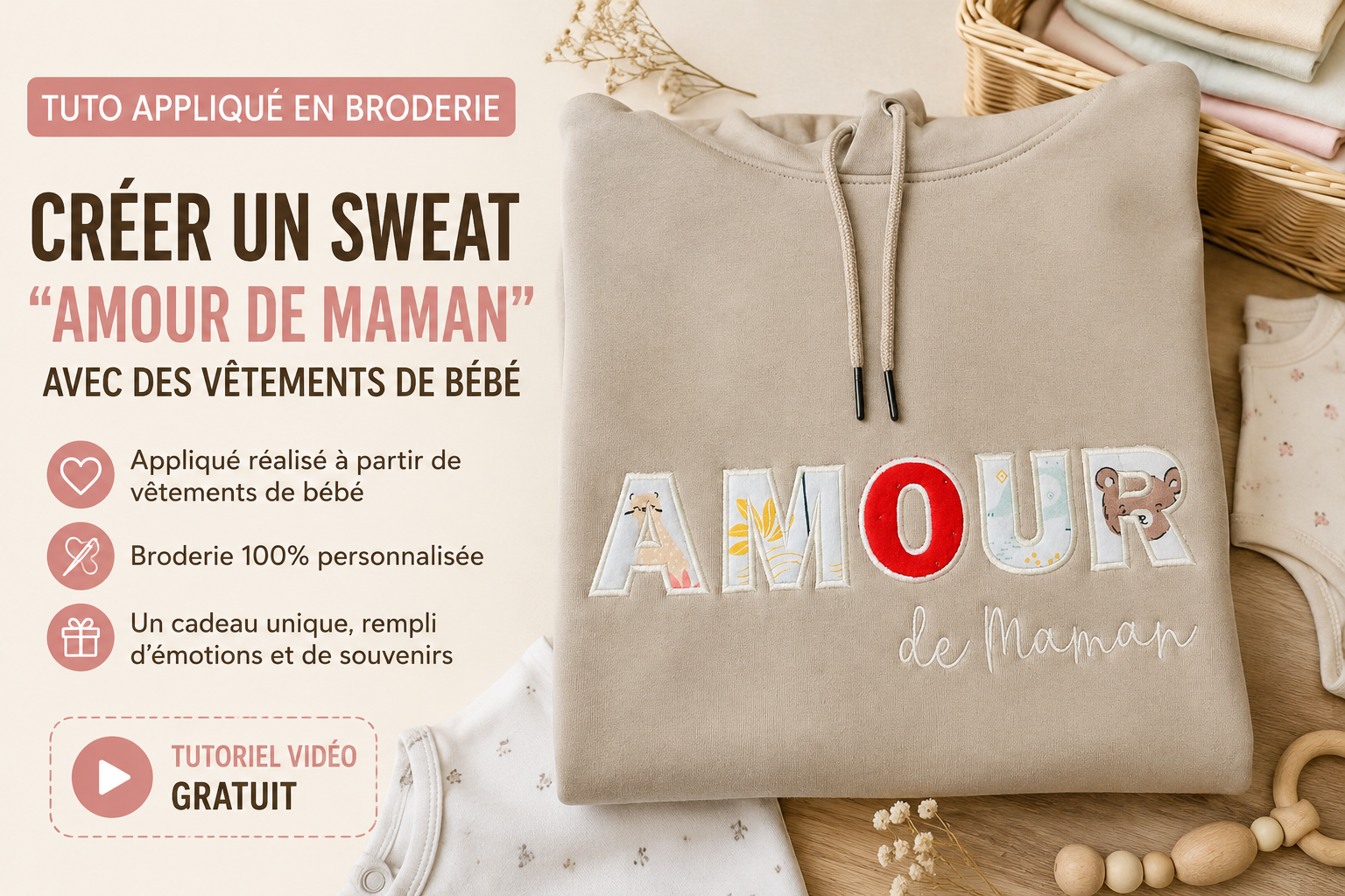 Tutoriel vidéo d’appliqué en broderie machine pour créer un sweat personnalisé « Amour de Maman » à partir de vêtements de bébé et de souvenirs textiles.