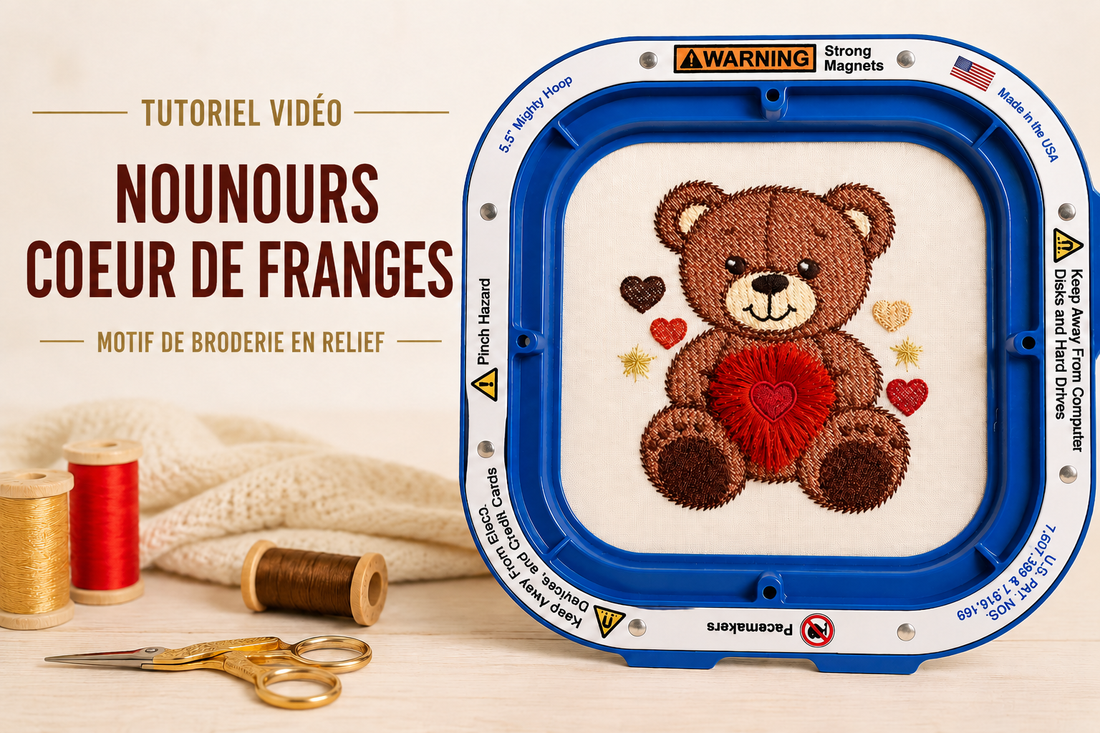 Nounours « Cœur de franges » – Motif de broderie en relief