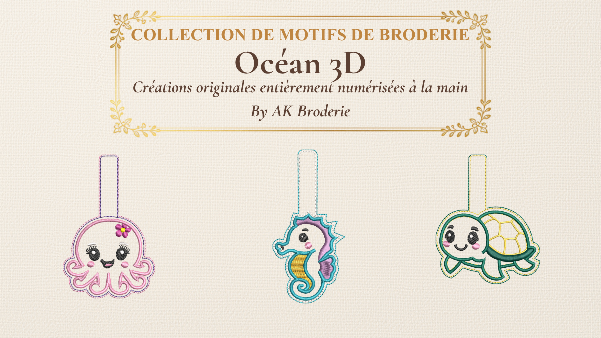 Collection de porte-clés ITH Océan 3D en broderie machine représentant une tortue, un dauphin, une pieuvre, une étoile de mer, un crabe, un coquillage, une méduse, un hippocampe et un soleil.