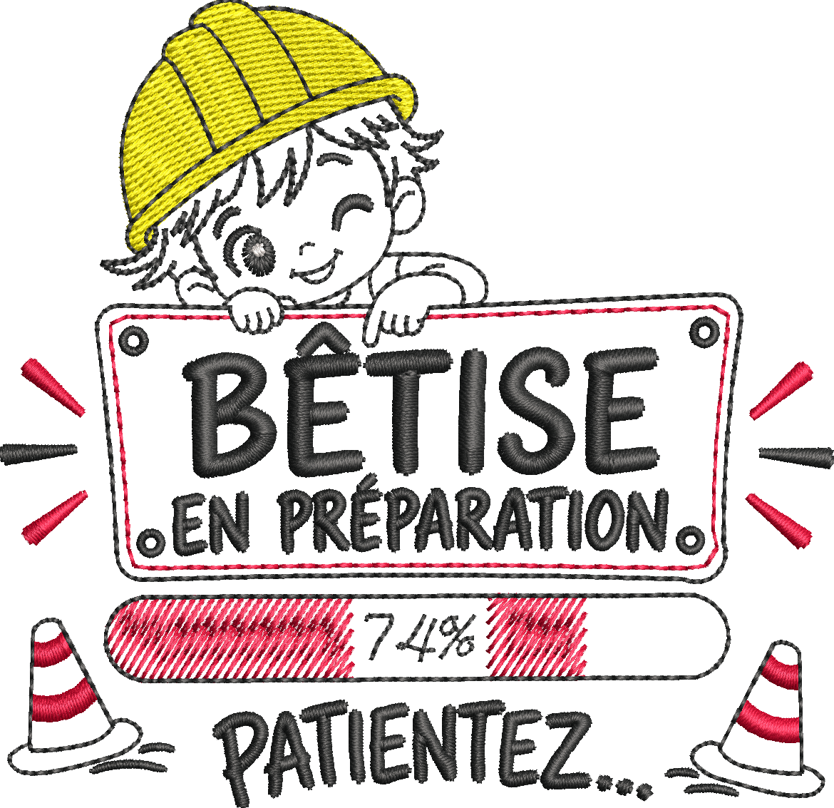 Bêtise en Préparation – petit garçon malicieux avec casquette jaune, barre de chargement à 74 % et cônes – motif broderie 10x10