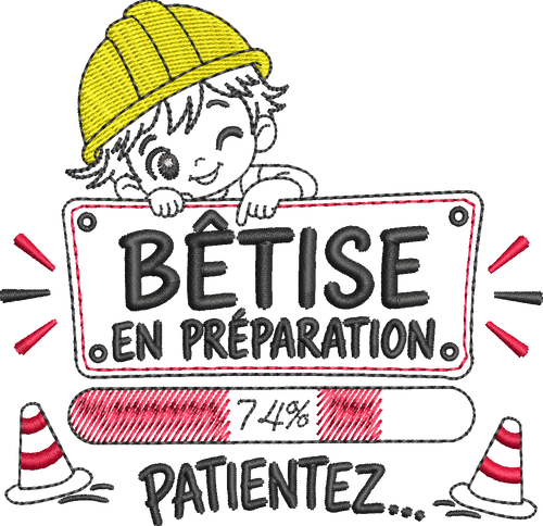 Bêtise en Préparation – petit garçon malicieux avec casquette jaune, barre de chargement à 74 % et cônes – motif broderie 10x10
