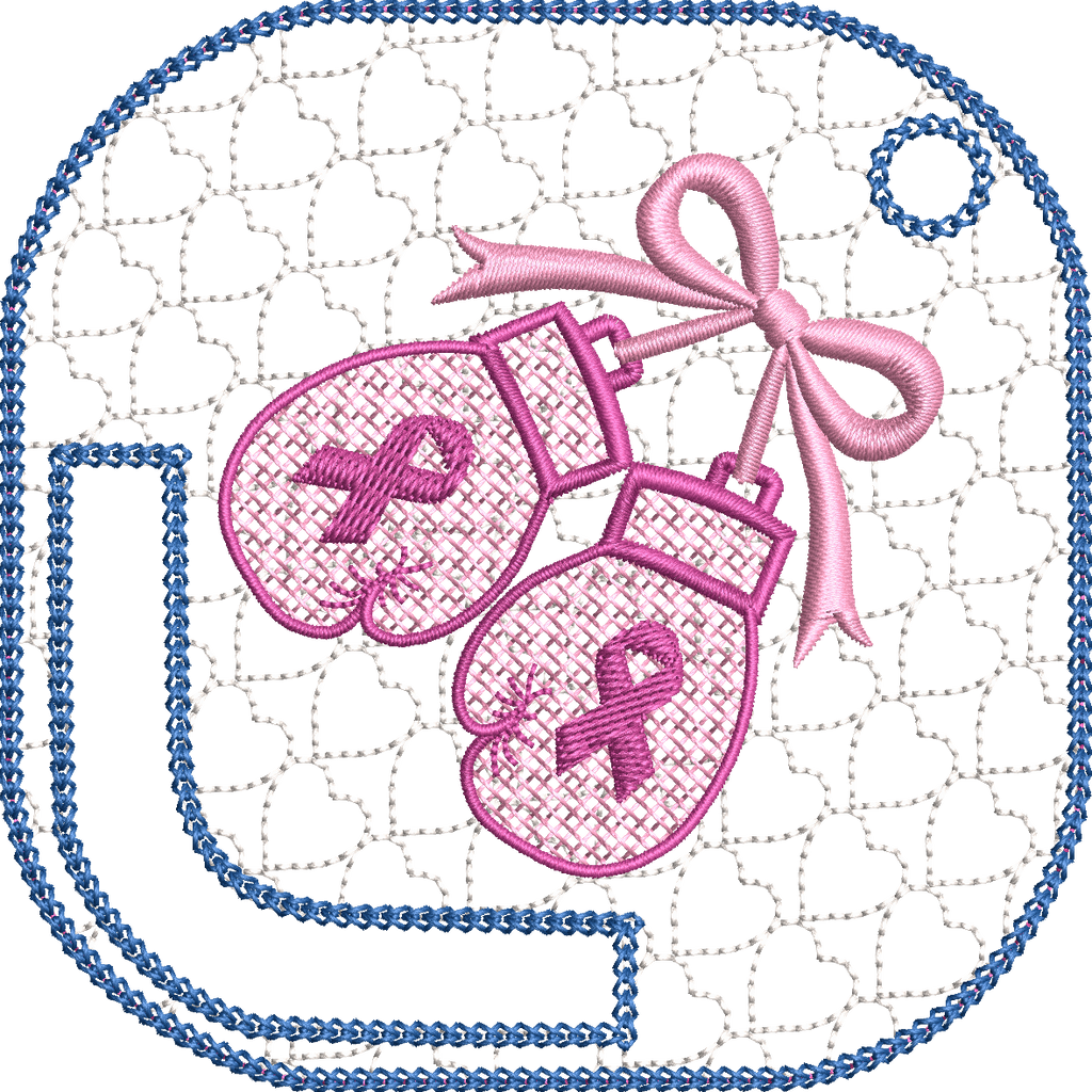 Motif de broderie ITH porte-foulard Octobre Rose avec gants de boxe décorés de rubans roses, fond cœur brodé et nœud satiné, format 10x10