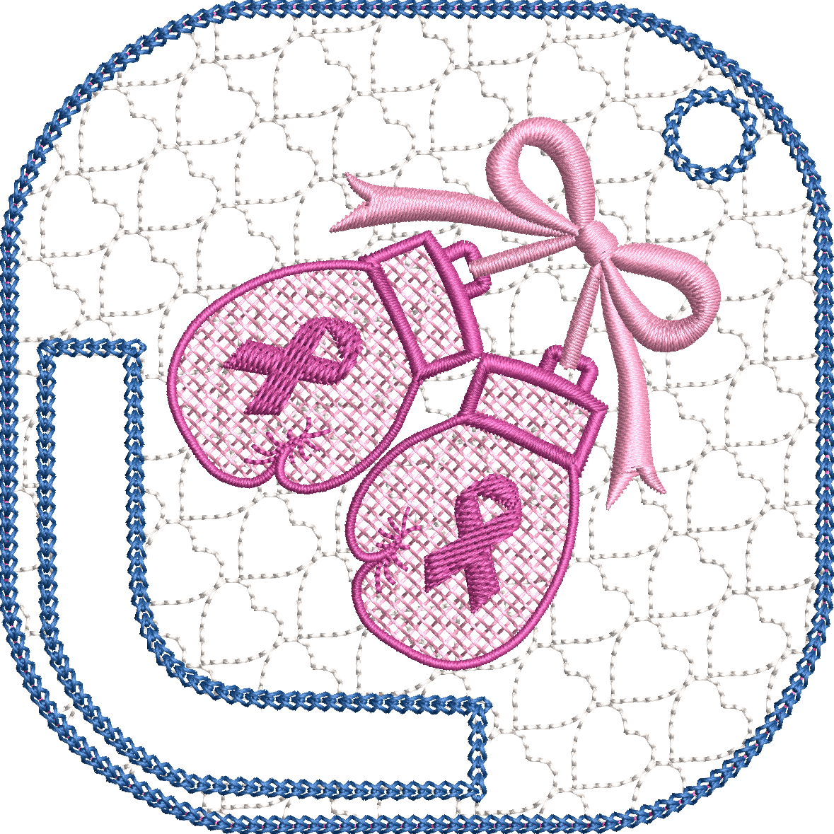 Motif de broderie ITH porte-foulard Octobre Rose avec gants de boxe décorés de rubans roses, fond cœur brodé et nœud satiné, format 10x10