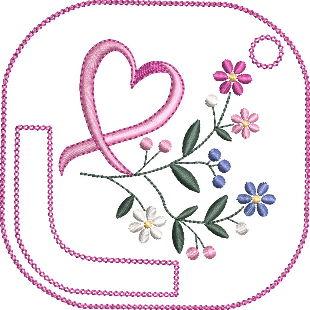 Motif de broderie ITH porte-foulard Ruban & Fleurs Octobre Rose avec ruban rose, fleurs délicates et feuillage, format 10x10