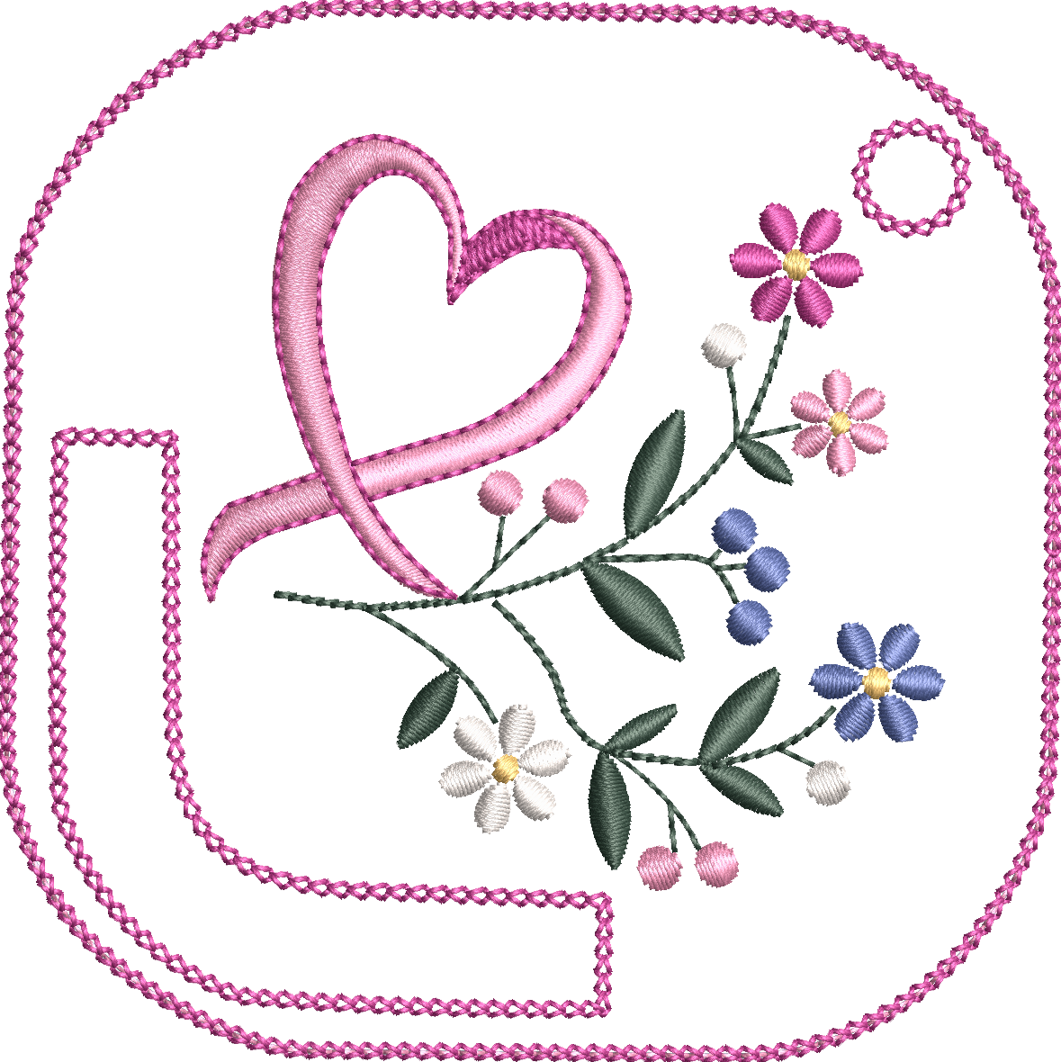 Motif de broderie ITH porte-foulard Ruban & Fleurs Octobre Rose avec ruban rose, fleurs délicates et feuillage, format 10x10