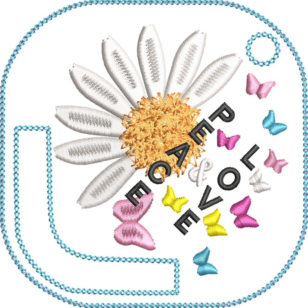 Porte-foulard ITH Peace & Love avec marguerite, cœur en point fourrure et papillons colorés format 10x10