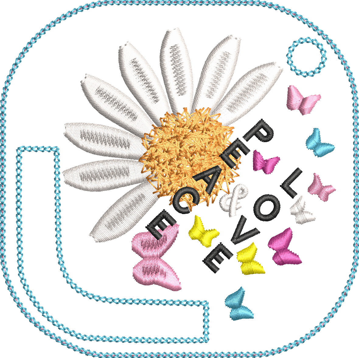 Porte-foulard ITH Peace & Love avec marguerite, cœur en point fourrure et papillons colorés format 10x10