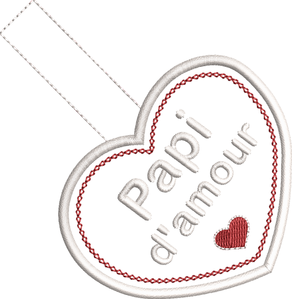 Porte-clés cœur ITH Papi d’amour avec petit cœur rouge – motif de broderie machine 10x10 pour la Fête des grands-pères