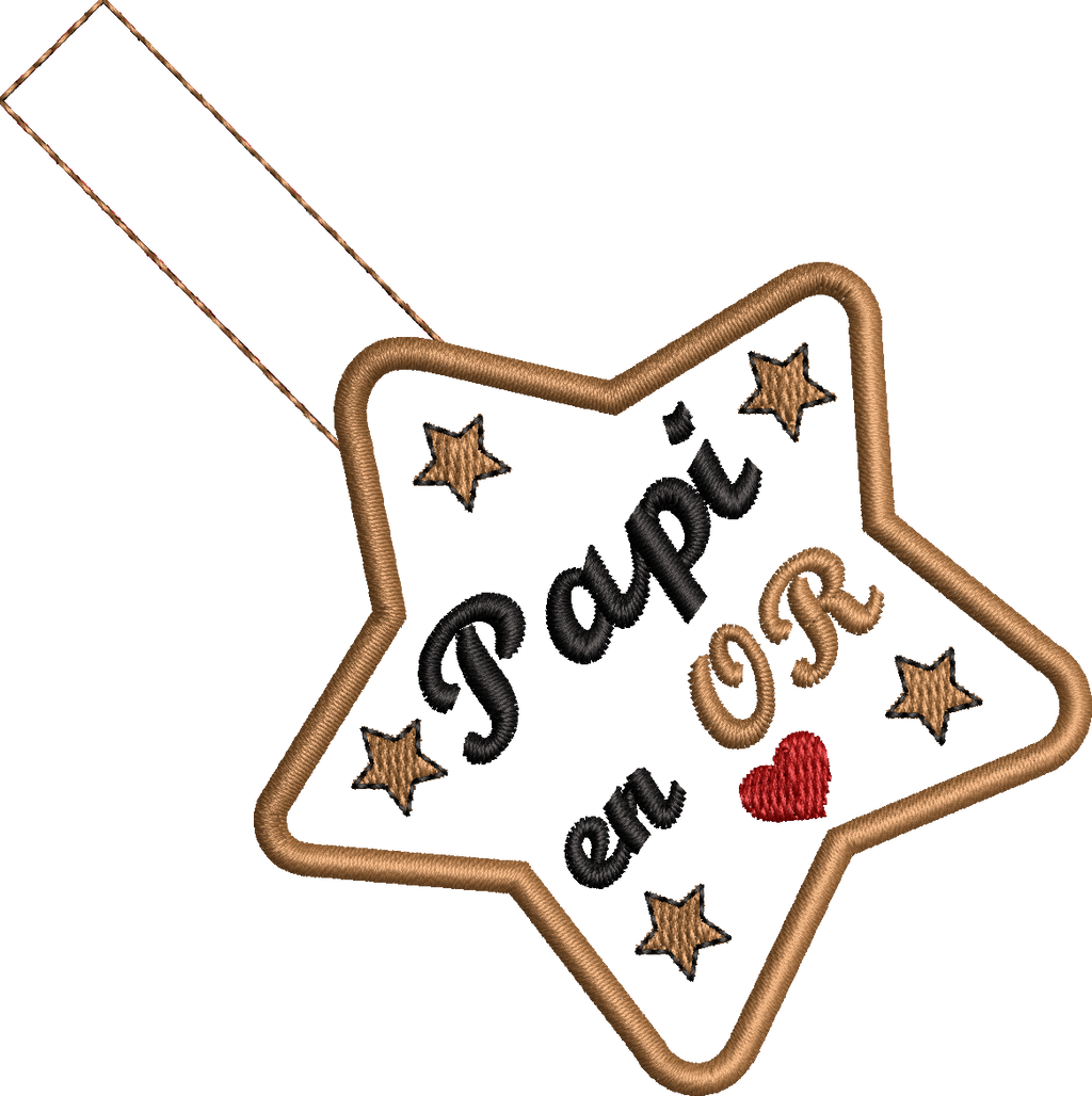 Porte-clés étoile ITH Papi en Or avec étoiles et cœur rouge – motif de broderie machine 10x10 pour la Fête des grands-pères