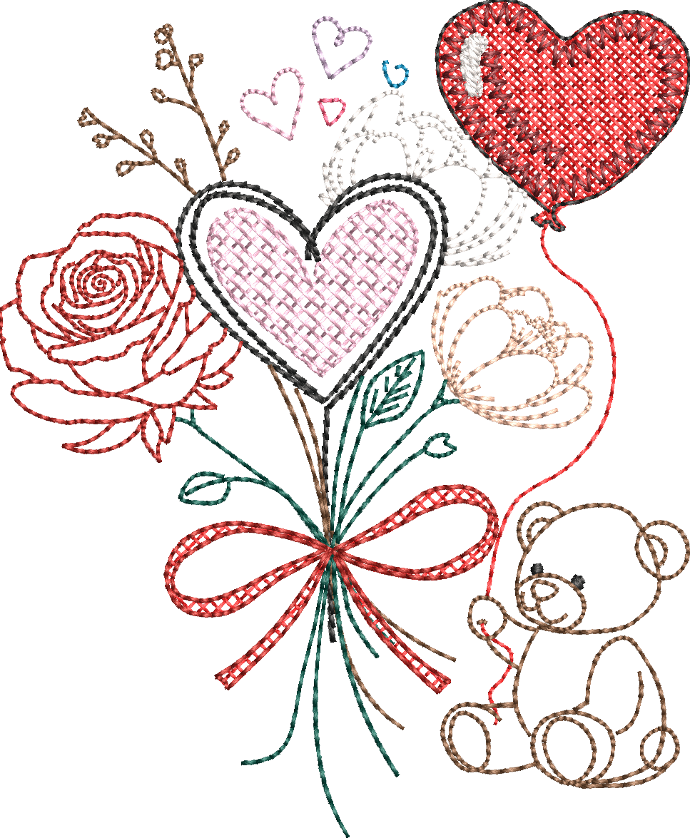 Bouquet Nounours – Je t’aime – Tendresse, amour & poésie - Motif de broderie - Format disponible : Pack 3 tailles, cadre 10x10, 15x15, 26x16 ou 20x20