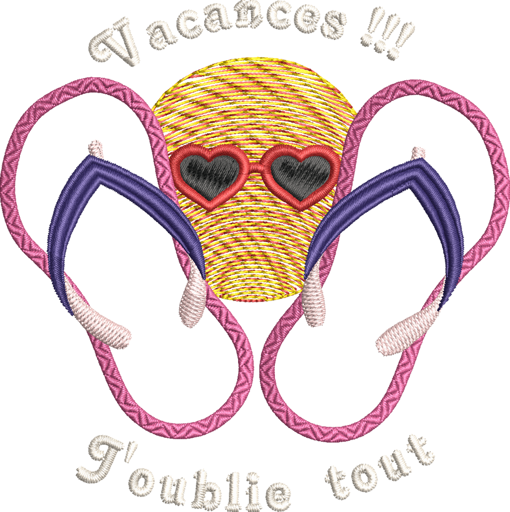 Motif de broderie appliqué Tongs Vacances J'oublie Tout avec soleil en dégradé et Mylar – Formats 10x10 et 14x14/15x15 – AK Broderie