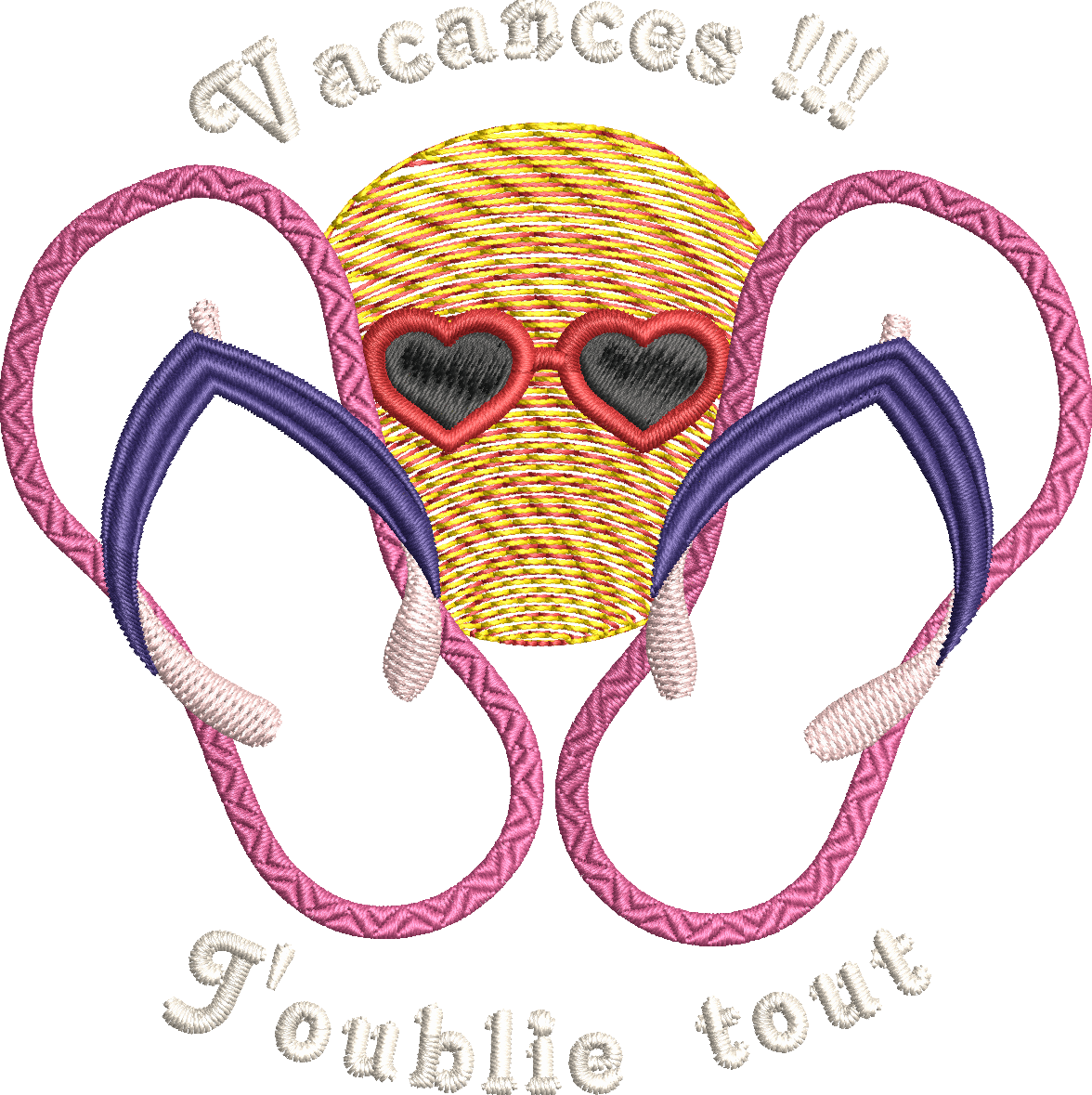 Motif de broderie appliqué Tongs Vacances J'oublie Tout avec soleil en dégradé et Mylar – Formats 10x10 et 14x14/15x15 – AK Broderie