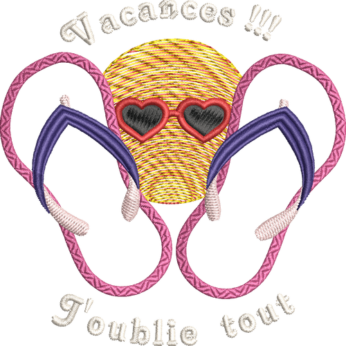Motif de broderie appliqué Tongs Vacances J'oublie Tout avec soleil en dégradé et Mylar – Formats 10x10 et 14x14/15x15 – AK Broderie
