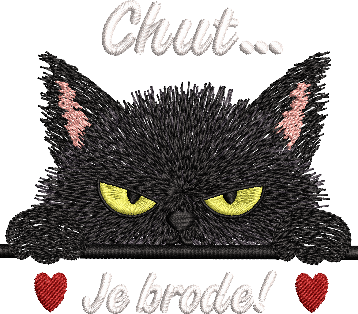 Chut Je Brode – chat noir bougon avec petits cœurs rouges – motif de broderie machine humour format 10x10