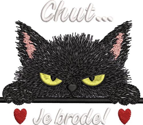 Chut Je Brode – chat noir bougon avec petits cœurs rouges – motif de broderie machine humour format 10x10