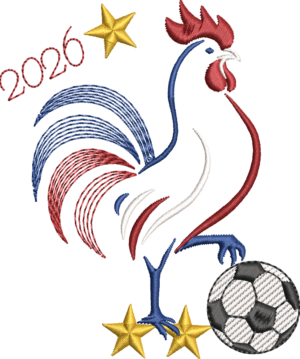 Motif de broderie machine coq tricolore football 2026 format PES DST JEF