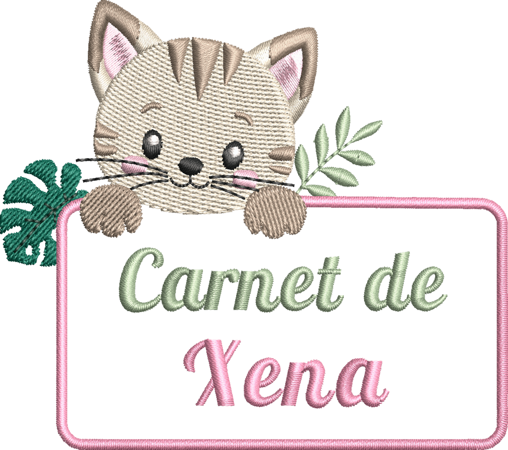 Motif de broderie Étiquette Chat 10x10 avec adorable chaton et feuillage à personnaliser avec un prénom ou un texte