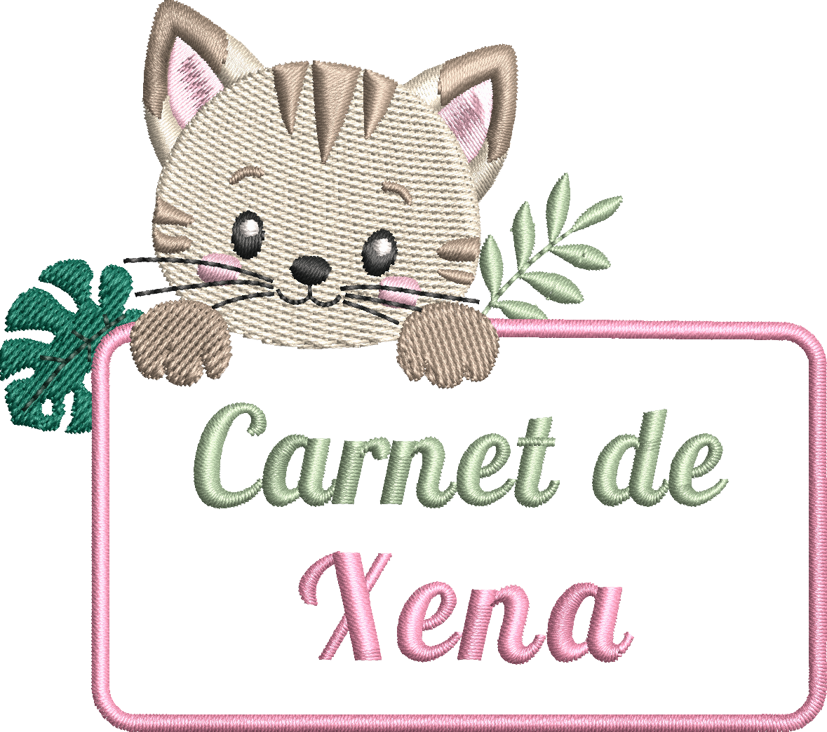 Motif de broderie Étiquette Chat 10x10 avec adorable chaton et feuillage à personnaliser avec un prénom ou un texte