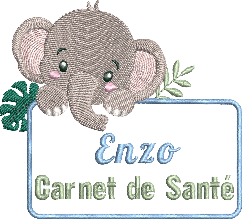 Motif de broderie Étiquette Éléphant personnalisable avec feuillages et cadre pour ajouter un prénom ou un texte au format 10x10