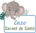 Motif de broderie Étiquette Éléphant personnalisable avec feuillages et cadre pour ajouter un prénom ou un texte au format 10x10
