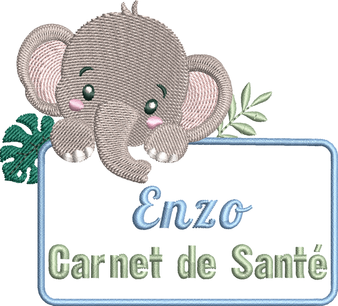 Motif de broderie Étiquette Éléphant personnalisable avec feuillages et cadre pour ajouter un prénom ou un texte au format 10x10