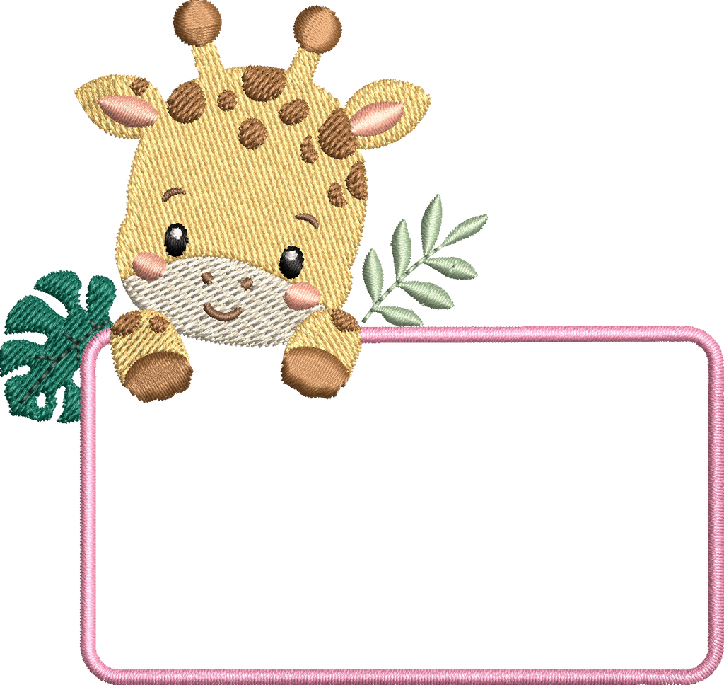 Motif de broderie Étiquette Girafe personnalisable avec feuillages et cadre pour ajouter un prénom ou un texte au format 10x10