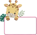 Motif de broderie Étiquette Girafe personnalisable avec feuillages et cadre pour ajouter un prénom ou un texte au format 10x10