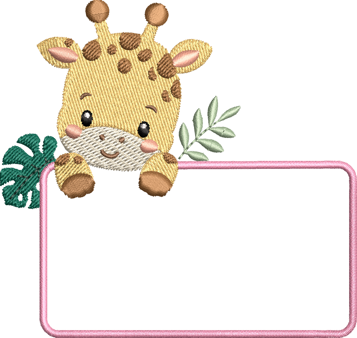 Motif de broderie Étiquette Girafe personnalisable avec feuillages et cadre pour ajouter un prénom ou un texte au format 10x10