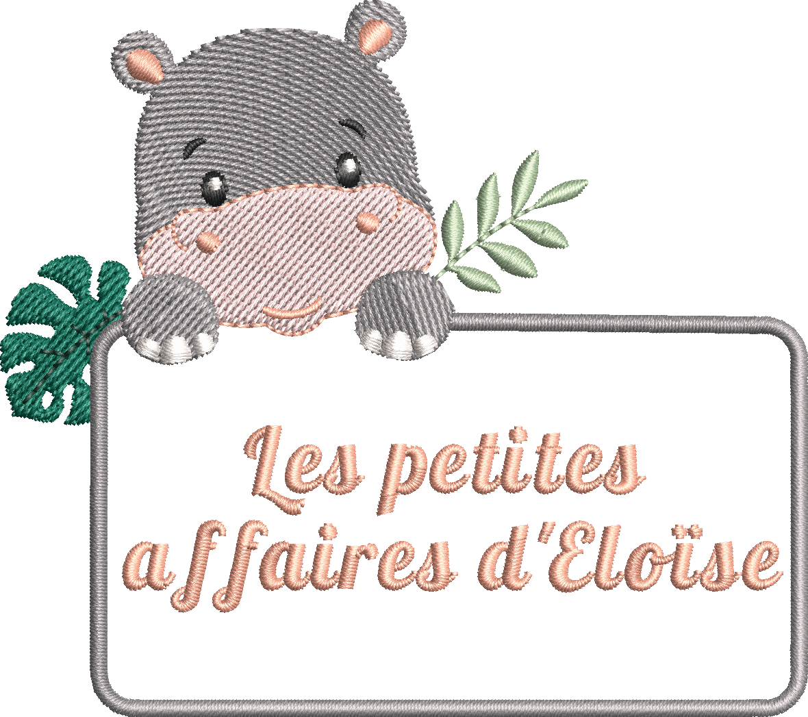 Motif de broderie Étiquette Hippopotame personnalisable avec feuillages et cadre pour ajouter un prénom ou un texte au format 10x10
