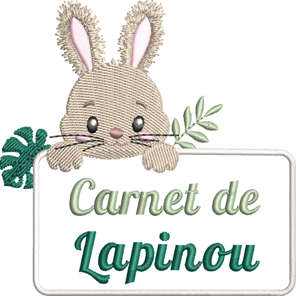 Motif de broderie Étiquette Lapin personnalisable avec petit lapin, feuillages et cadre pour ajouter un prénom ou un texte au format 10x10