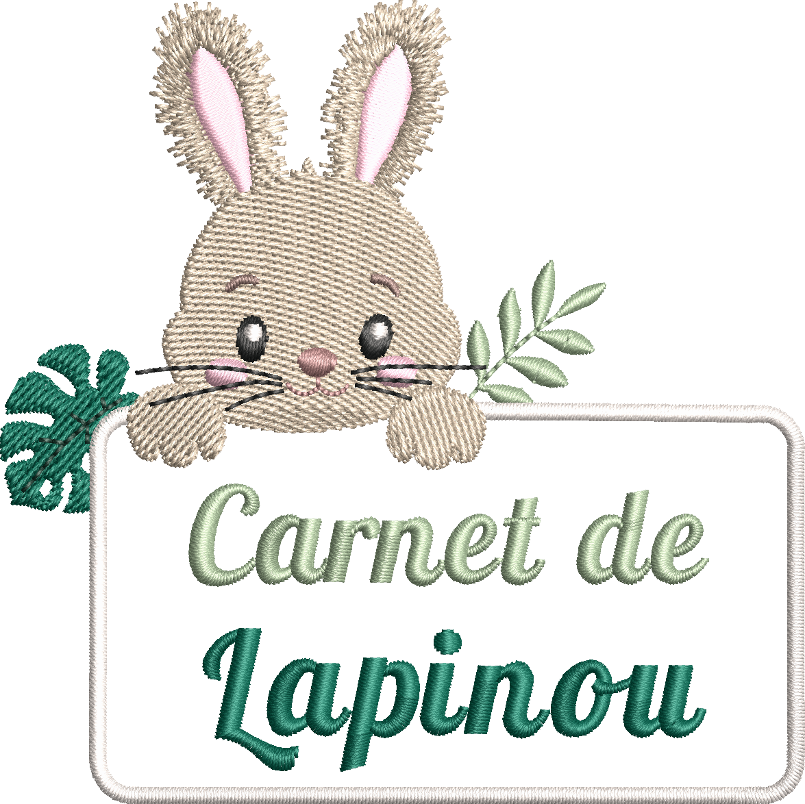 Motif de broderie Étiquette Lapin personnalisable avec petit lapin, feuillages et cadre pour ajouter un prénom ou un texte au format 10x10