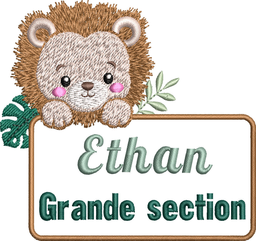 Motif de broderie Étiquette Lionceau personnalisable avec petit lion, feuillages et cadre pour ajouter un prénom ou un texte au format 10x10