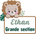 Motif de broderie Étiquette Lionceau personnalisable avec petit lion, feuillages et cadre pour ajouter un prénom ou un texte au format 10x10