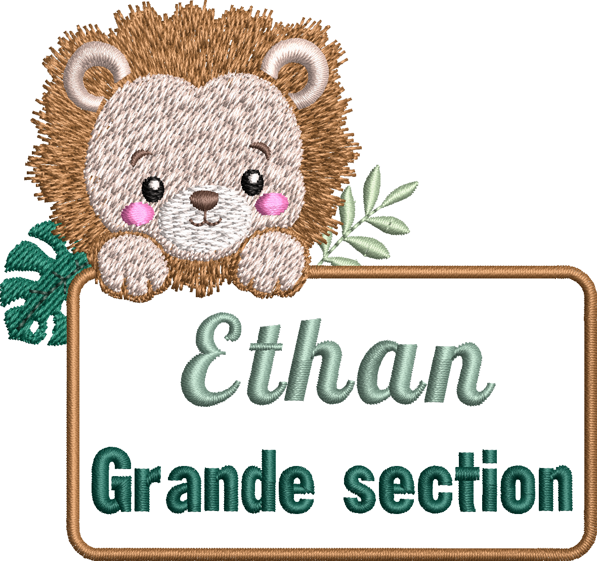 Motif de broderie Étiquette Lionceau personnalisable avec petit lion, feuillages et cadre pour ajouter un prénom ou un texte au format 10x10
