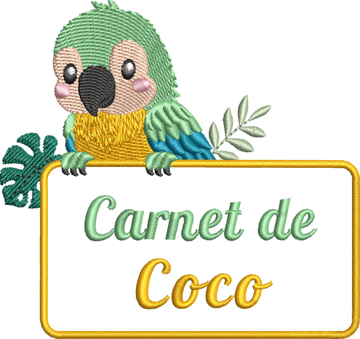 Motif de broderie Étiquette Zèbre personnalisable avec petit zèbre mignon, feuillages tropicaux et cadre pour ajouter un prénom ou un texte au format 10x10
