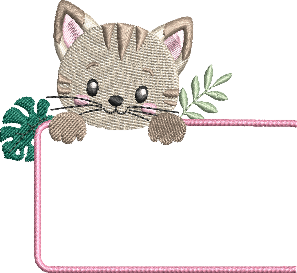 Étiquette Appliqué Cristal Chat – motif de broderie machine 10x10 avec chat, feuillage et fenêtre transparente en Cristal