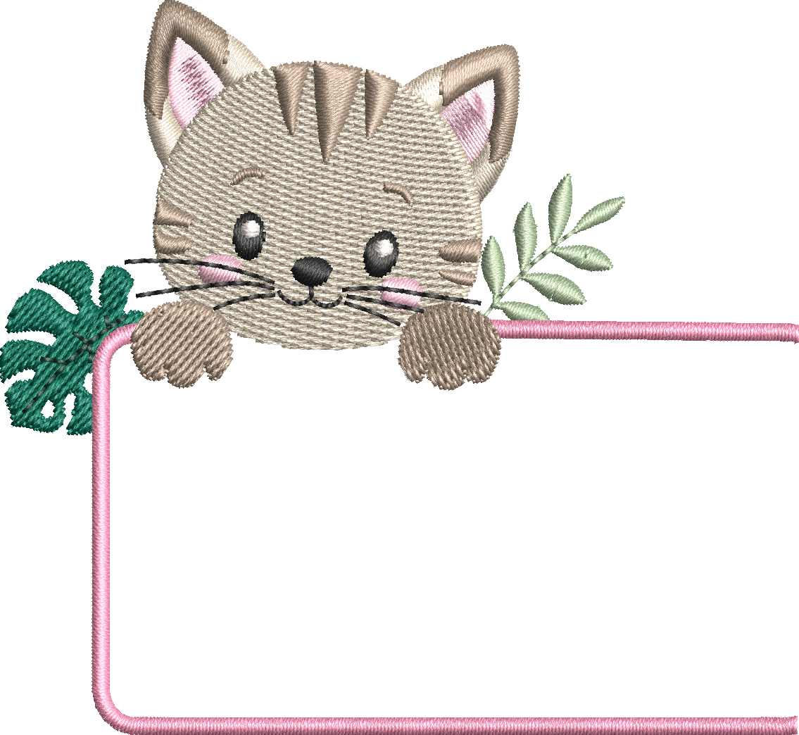 Étiquette Appliqué Cristal Chat – motif de broderie machine 10x10 avec chat, feuillage et fenêtre transparente en Cristal