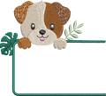 Étiquette Appliqué Cristal Chien – motif de broderie machine 10x10 avec chien, feuillage et fenêtre transparente en Cristal