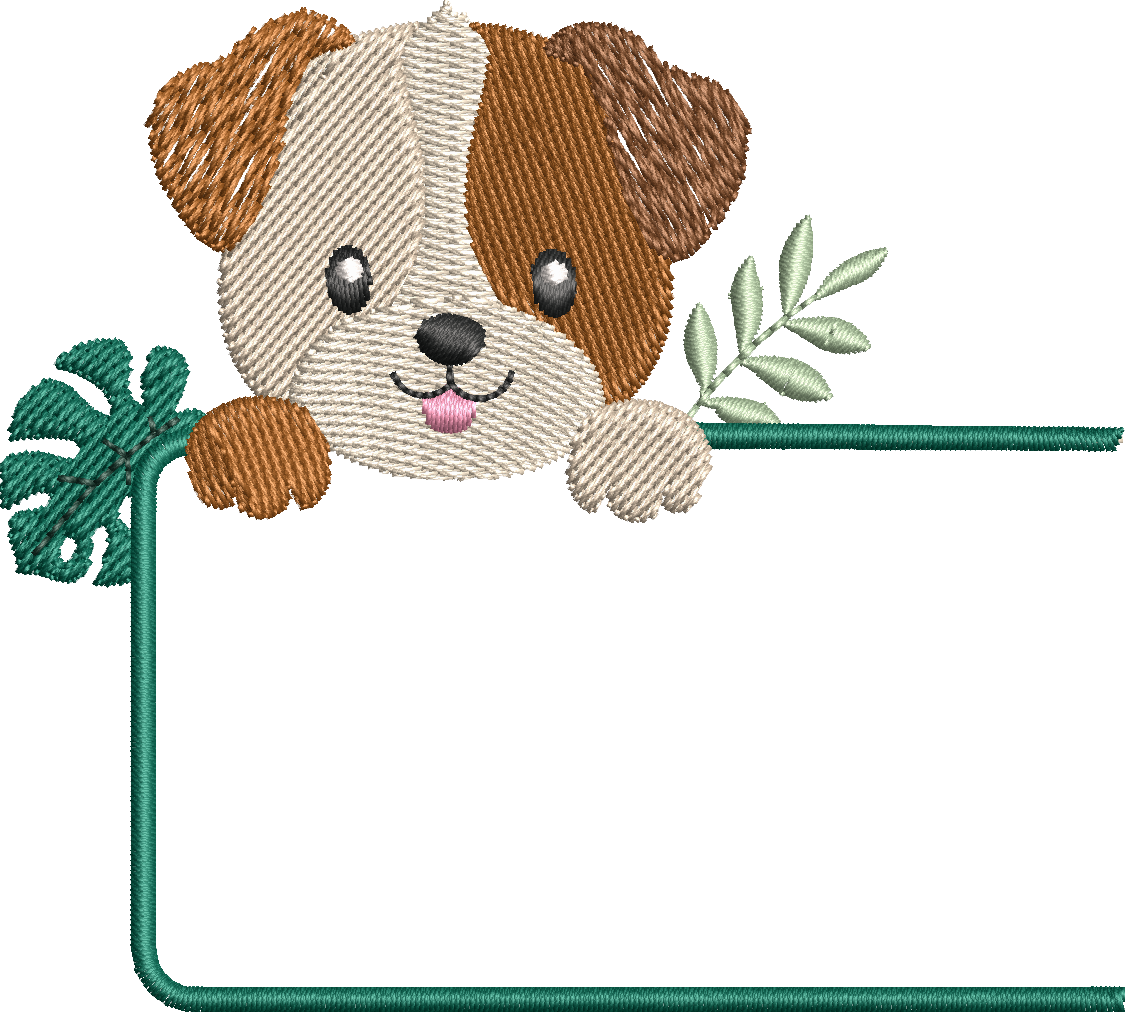 Étiquette Appliqué Cristal Chien – motif de broderie machine 10x10 avec chien, feuillage et fenêtre transparente en Cristal