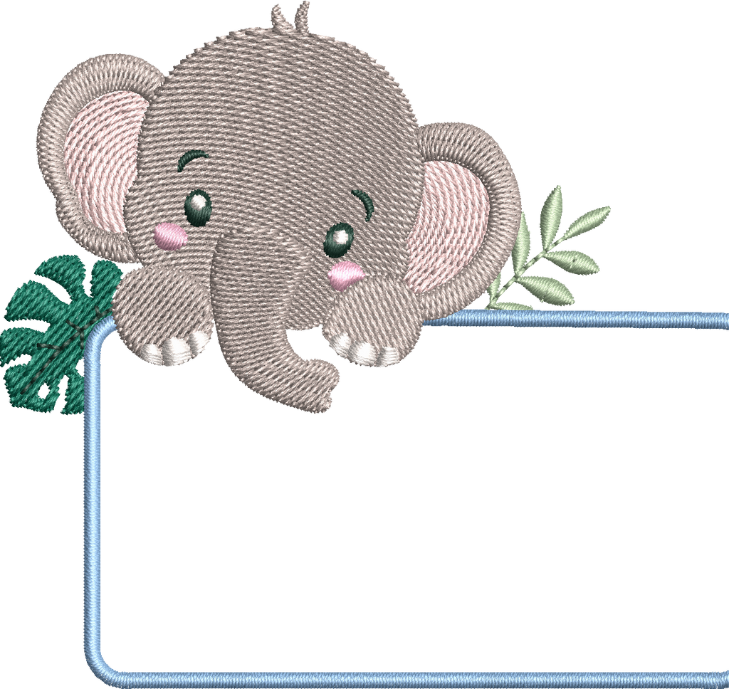 Étiquette Appliqué Cristal Éléphant – motif de broderie machine 10x10 avec éléphant, feuillage et fenêtre transparente en Cristal
