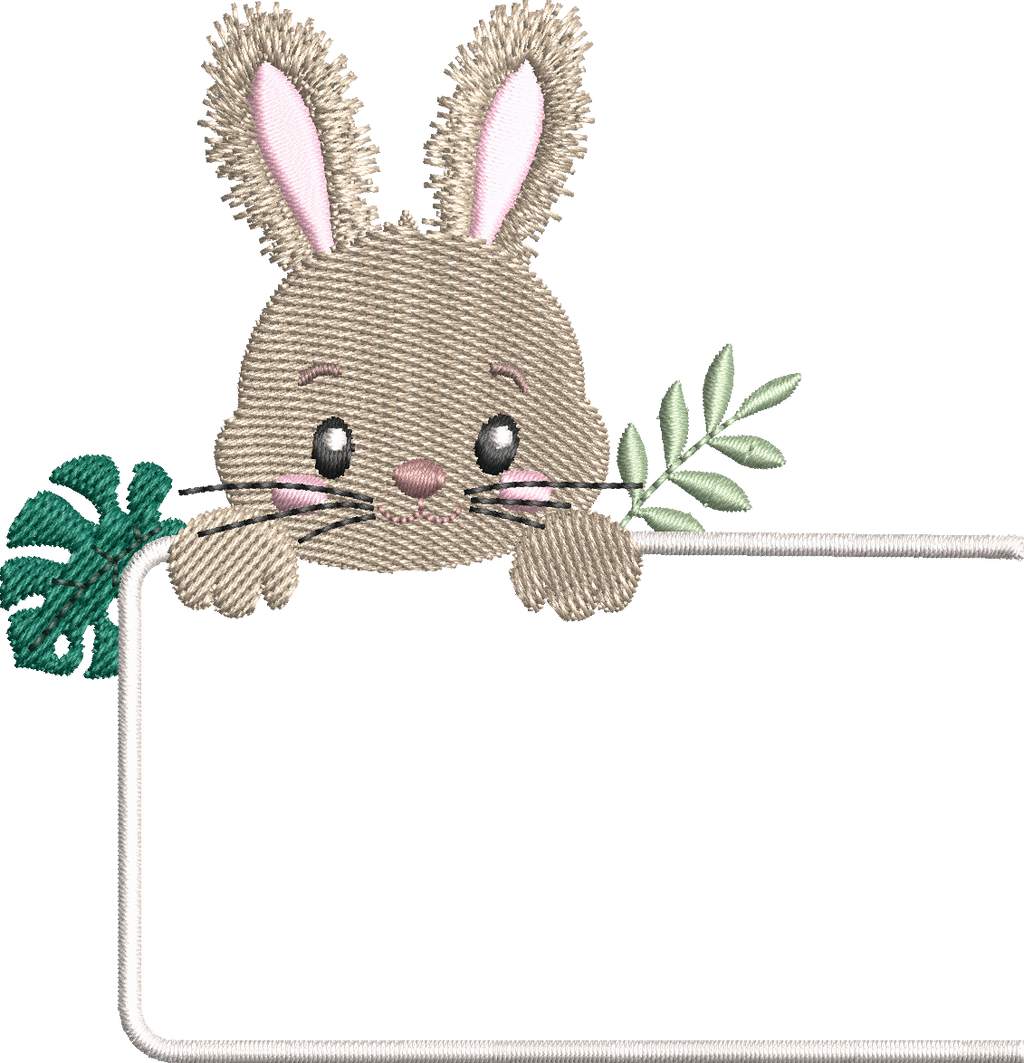 Étiquette Appliqué Cristal Lapin – motif de broderie machine 10x10 avec lapin, feuillage et fenêtre transparente en Cristal