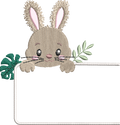 Étiquette Appliqué Cristal Lapin – motif de broderie machine 10x10 avec lapin, feuillage et fenêtre transparente en Cristal