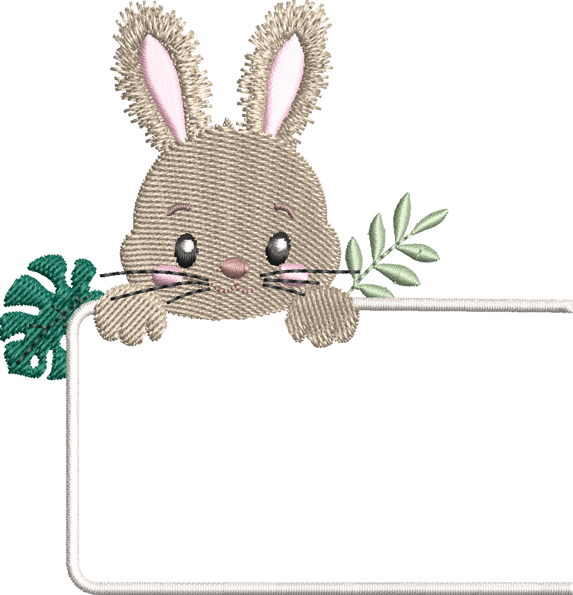 Étiquette Appliqué Cristal Lapin – motif de broderie machine 10x10 avec lapin, feuillage et fenêtre transparente en Cristal