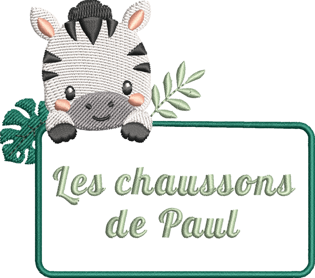 Motif de broderie Étiquette Zèbre personnalisable avec petit zèbre mignon, feuillages tropicaux et cadre pour ajouter un prénom ou un texte au format 10x10