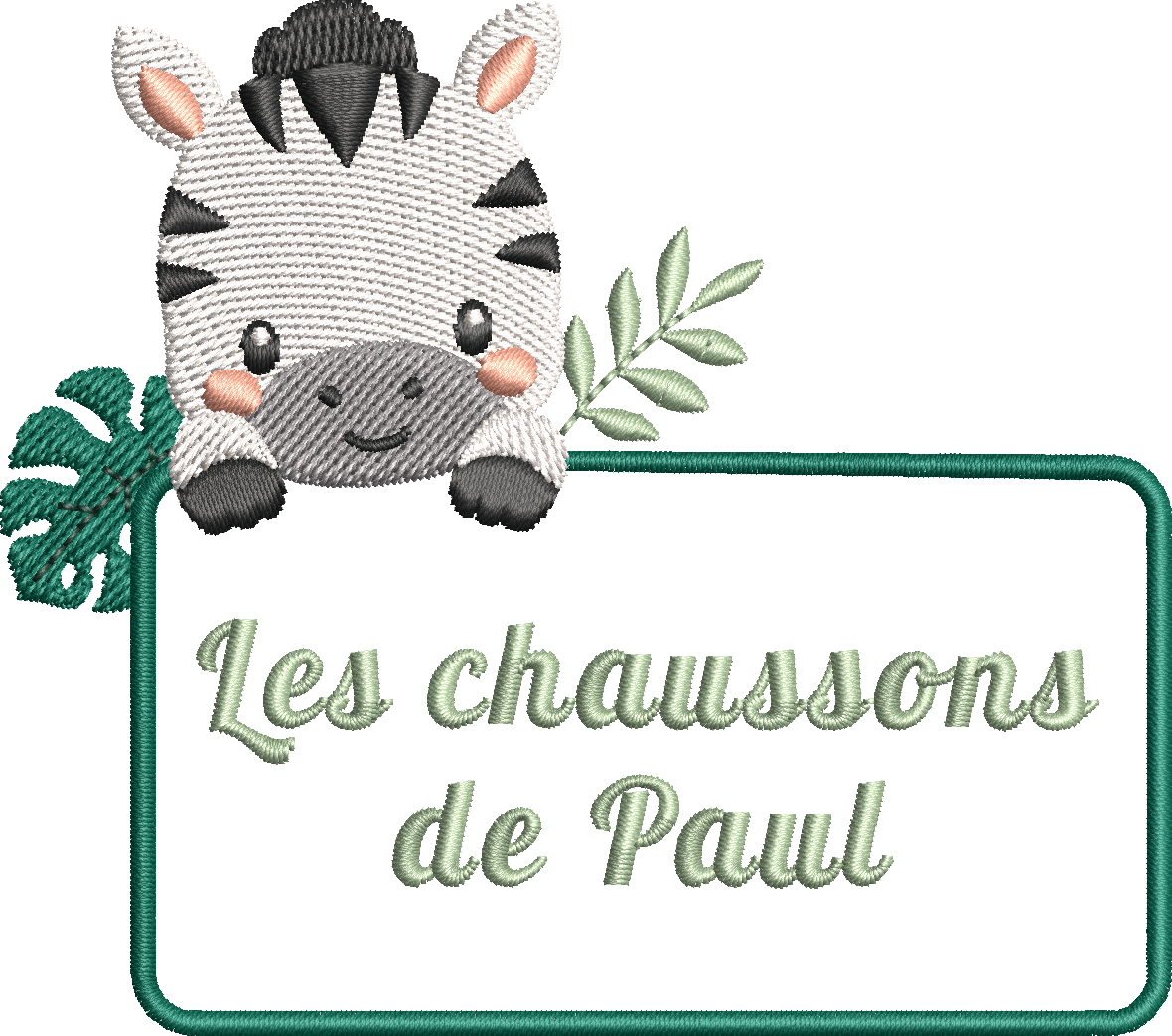 Motif de broderie Étiquette Zèbre personnalisable avec petit zèbre mignon, feuillages tropicaux et cadre pour ajouter un prénom ou un texte au format 10x10