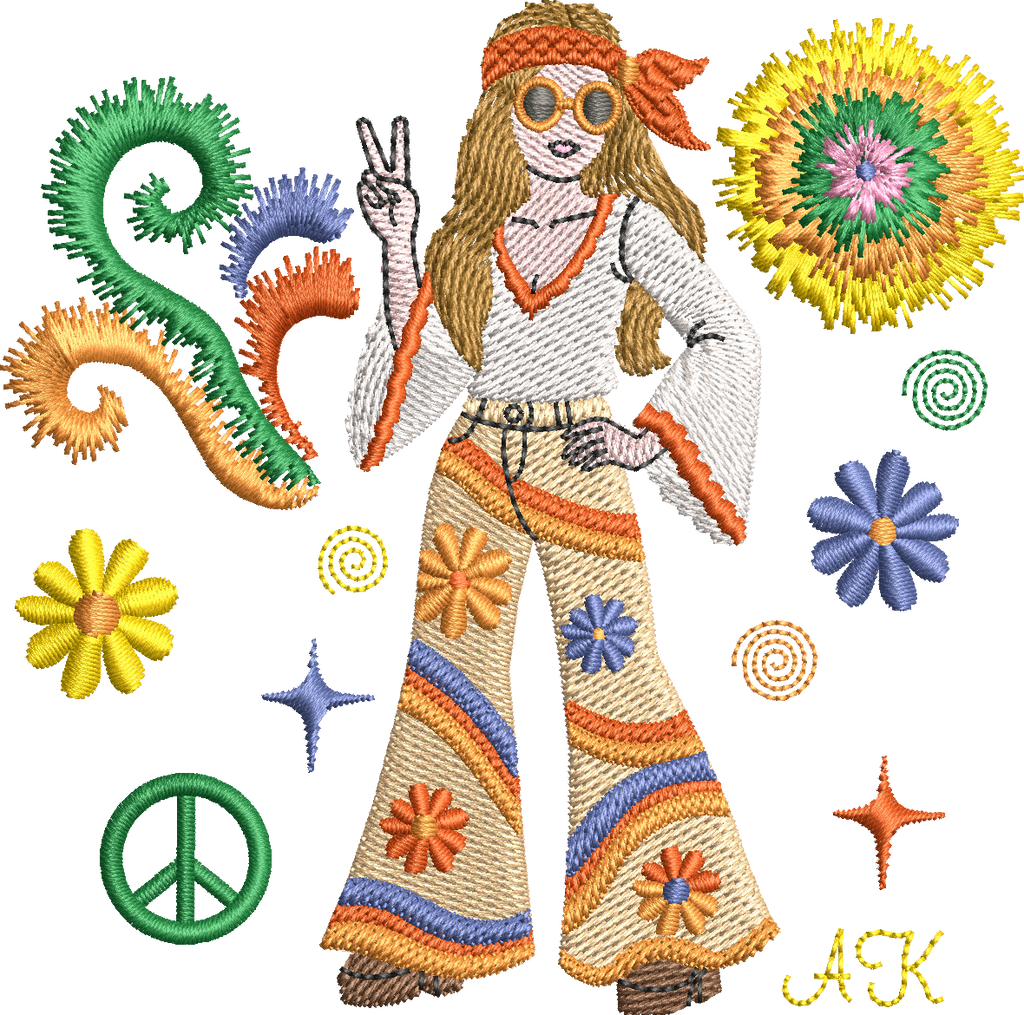 Motif de broderie Femme Hippie Peace & Love avec fleurs seventies, symbole paix et éléments en point fourrure disponible en 10x10 et 15x15