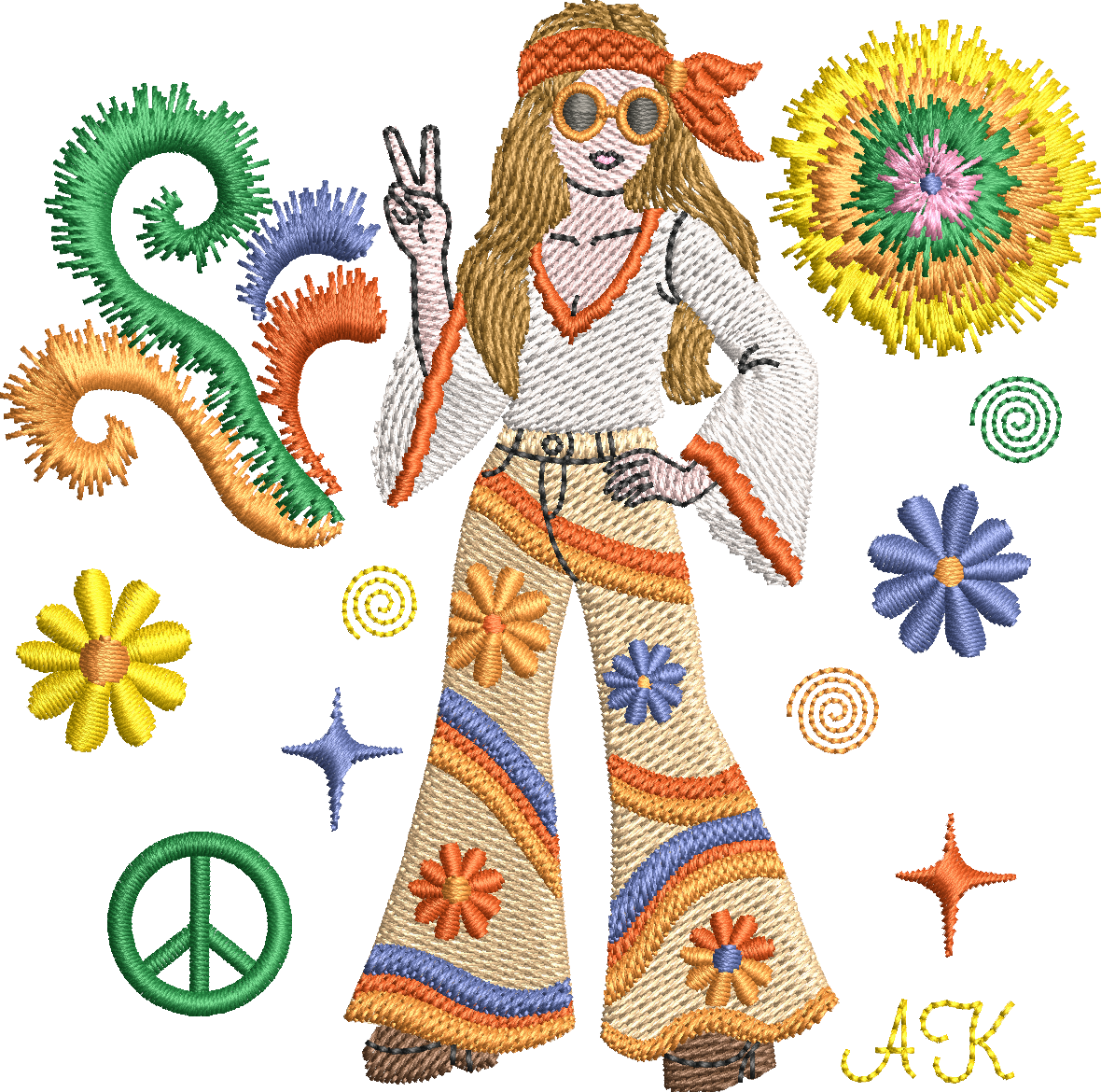 Motif de broderie Femme Hippie Peace & Love avec fleurs seventies, symbole paix et éléments en point fourrure disponible en 10x10 et 15x15