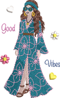 Motif de broderie Femme Hippie Good Vibes en robe longue fleurie avec lunettes rétro, bandeau, fleurs et cœurs au format 10x10